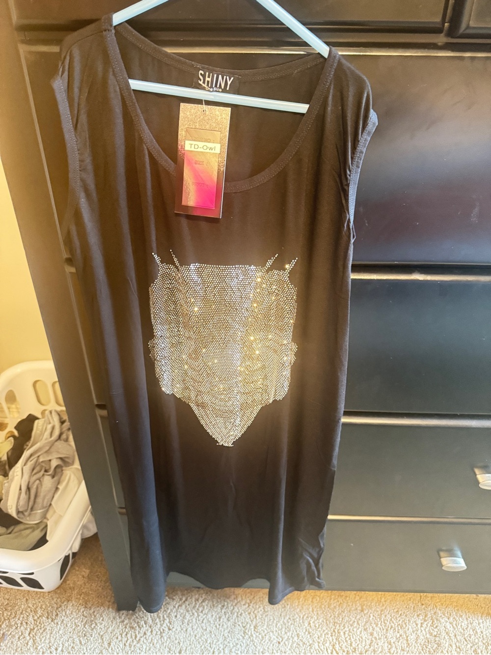 Black Sleeveless Dress / shirt with Rhinestone Owl Face. One size. - Picture 2 of 4